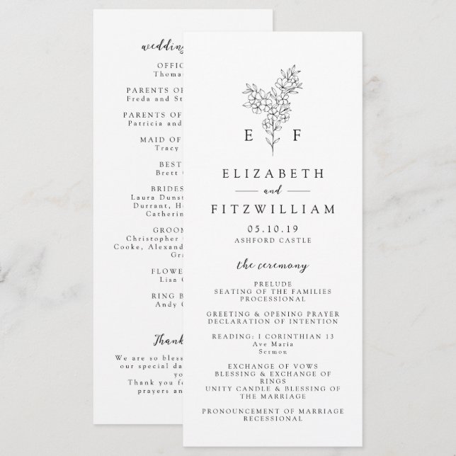 Enkel minimal Blommar för körsbär, Monogram Bröllo Program (Fram/baksida)