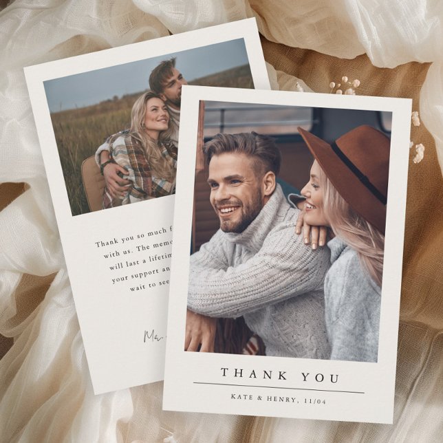 Enkel Minimal Bröllopsfoto Tack Kort (Simple minimal double-sided 2 photo wedding thank you cards. 
)