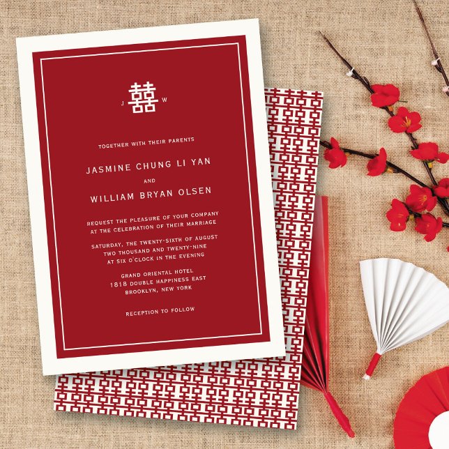 Enkel minimal Dubbla lycka i kinesiska Bröllop Inbjudningar (Modern Minimalist Red/Ivory Double Happiness Chinese Wedding Invitation @ fatfatin_red_knot)