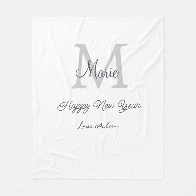 enkel minimal glad nyår monogram grå namn  fleecefilt (Framsidan)