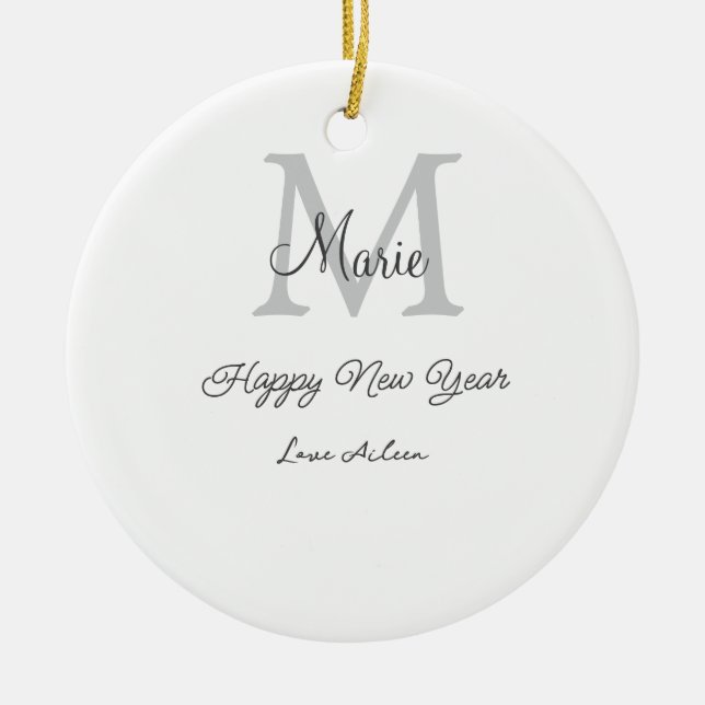 enkel minimal glad nyår monogram grå namn  julgransprydnad keramik (Framsidan)
