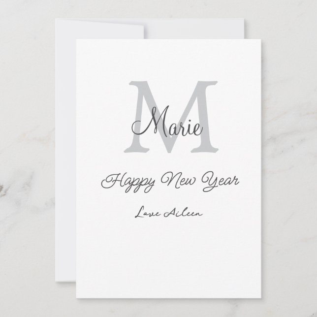 enkel minimal glad nyår monogram grå namn  julkort (Framsida)
