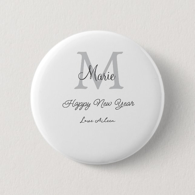 enkel minimal glad nyår monogram grå namn  knapp (Framsida)