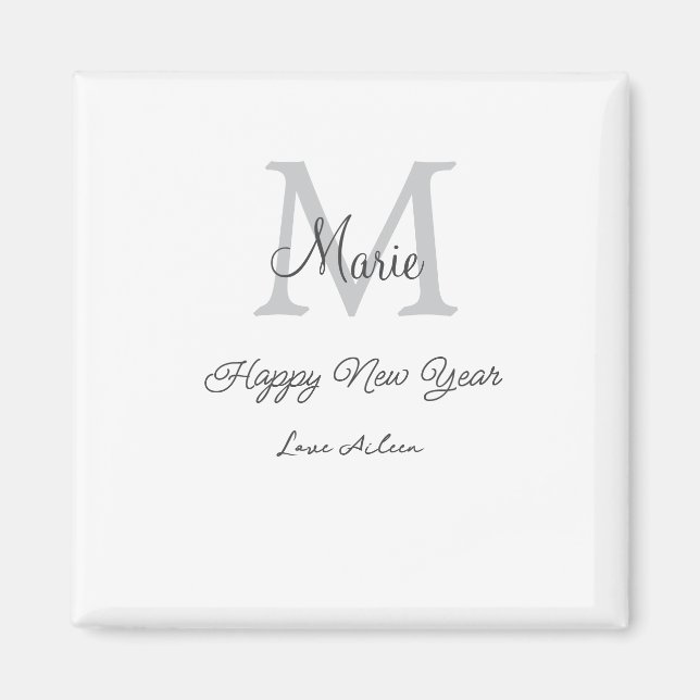 enkel minimal glad nyår monogram grå namn  magnet (Framsidan)