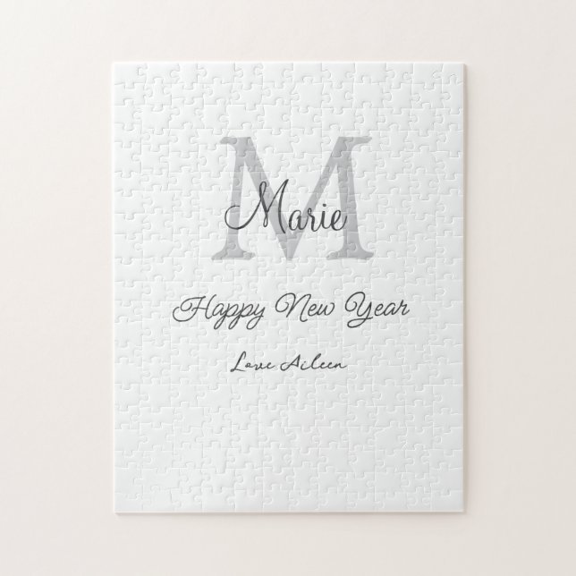 enkel minimal glad nyår monogram grå namn  pussel (Vertikal)