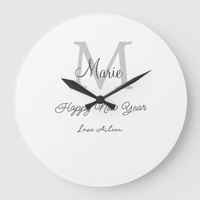 enkel minimal glad nyår monogram grå namn  stor klocka (Framsida)