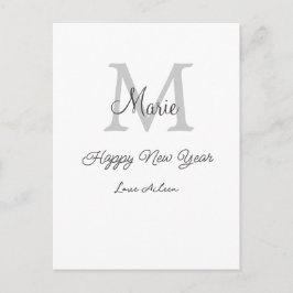 enkel minimal glad nyår monogram grå namn vykort