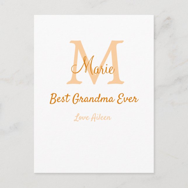 enkel, minimal, mormor någonsin, orange monogram vykort (Framsida)