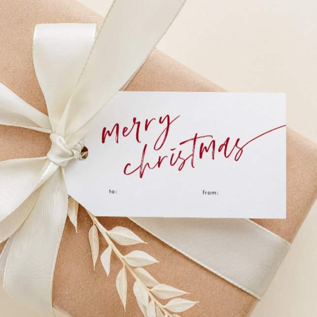 Enkel Minimal Skript God Jul Presentetikett (Simple red and white modern script merry christmas gift tag with hand-drawn stripe pattern on back.)