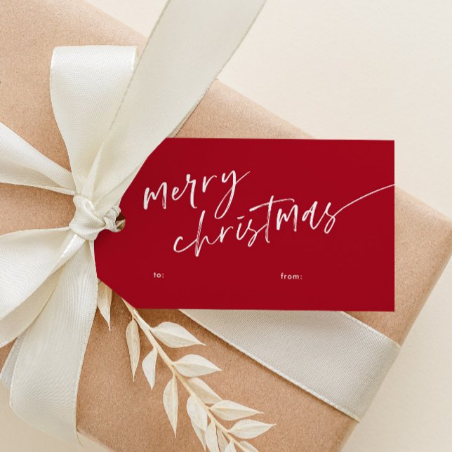 Enkel Minimal Skript God Jul Presentetikett (Simple red and white modern script merry christmas gift tag with hand-drawn stripe pattern on back.)
