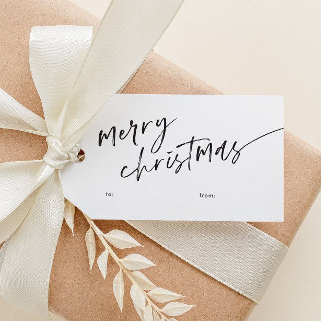 Enkel Minimal Skript God Jul Presentetikett (Simple black and white modern script merry christmas gift tag with stripe pattern on the back.)