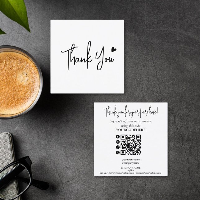 enkel minimal skript tack för din beställning fyrkantigt visitkort (minimalist black and white script thank you for your purchase card)