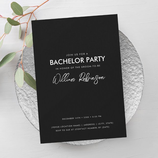 Enkel, minimal, svart, vit skriptbachelor Party Inbjudningar (Simple Minimal Black White Script Bachelor Party Invitation)
