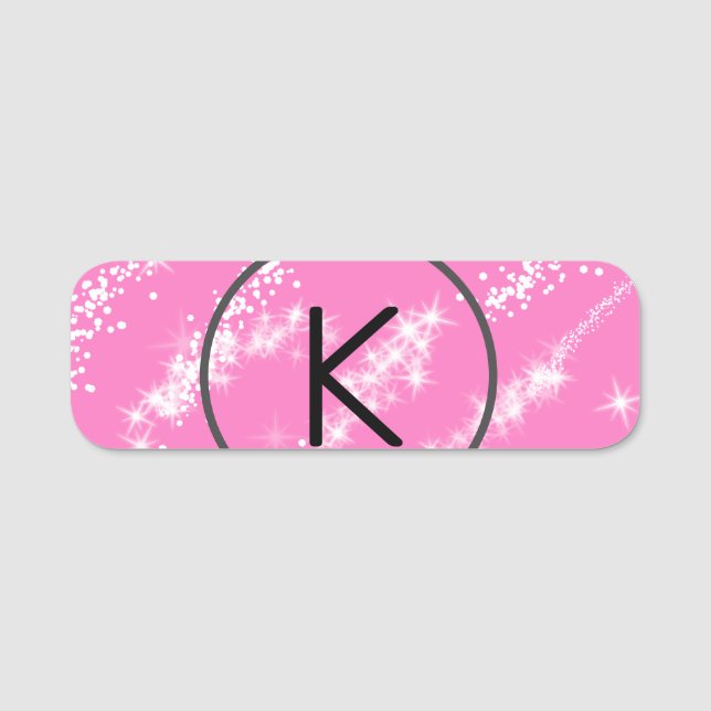 enkel minimal vit monogram rosa glitter vattenco namnbricka (Framsida)