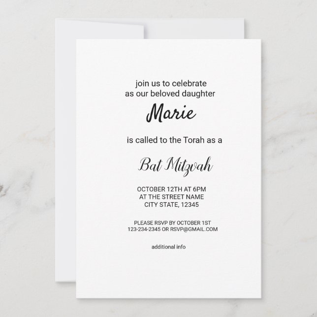 enkel minimal vit svart klassisk edi bat mitzvah inbjudningar (Framsida)