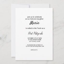 enkel minimal vit svart klassisk edi bat mitzvah inbjudningar