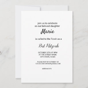 enkel minimal vit svart klassisk edi bat mitzvah inbjudningar