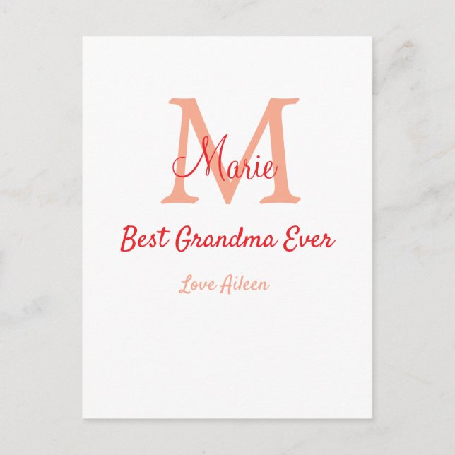 enkel minimalisk bästa mormor någonsin röd monogra vykort (Framsida)