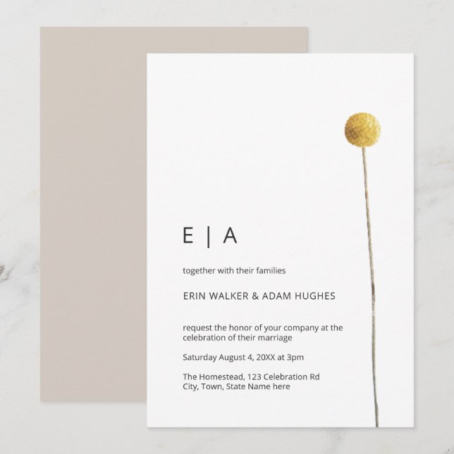 Enkel minimalistisk akvarellblomma gul stjälk inbjudningar (Fram/baksida)
