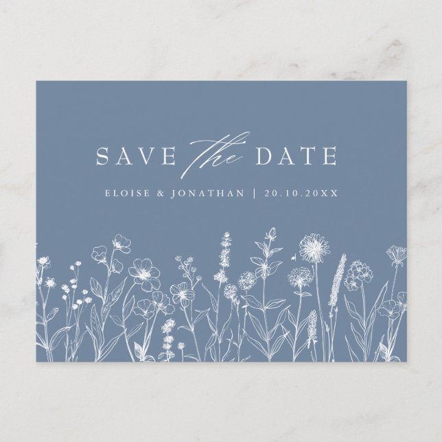 Enkel minimalistisk blåvinblomma Save the Date Vykort (Framsida)