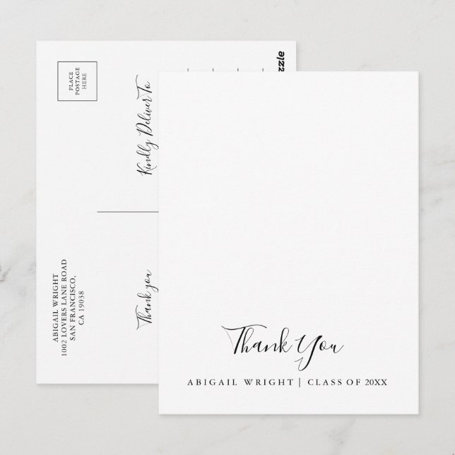 Enkel minimalistisk examens tackkort vykort (Fram/baksida)