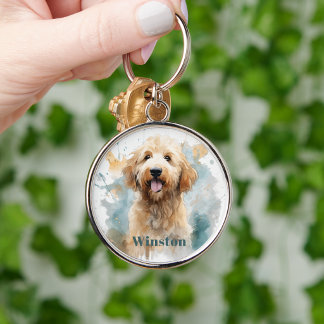 Enkel minimalistisk Goldendoodle husdjur hund minn Rund Silverfärgad Nyckelring