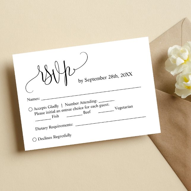 Enkel minimalistisk handskriven bröllops-svarskort inbjudningar (Simple minimalist handwritten RSVP card makes replies easy with a personal elegant touch)