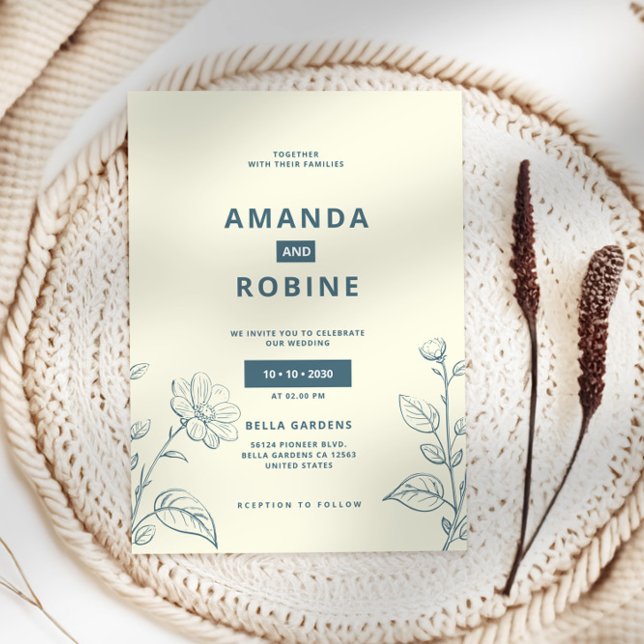 Enkel, minimalistisk inbjudan med blå Blommigt (Skapare uppladdad)