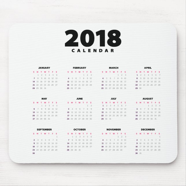 Enkel minimalistisk kalender för 2018 | Mousepad Musmatta (Framsidan)