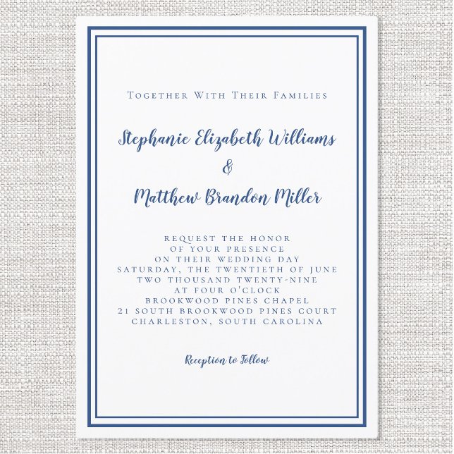 Enkel, minimalistisk, klassisk, blå, vit Chic Bröl Inbjudningar (Simple Minimalist Classic Navy Blue White Chic Wedding Invitation)