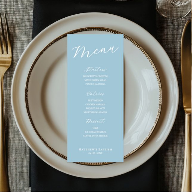 Enkel minimalistisk ljusblå menykort  meny (light blue baptism menu card, boy baptism menu sign, minimalist baptism menu, script reception menu)