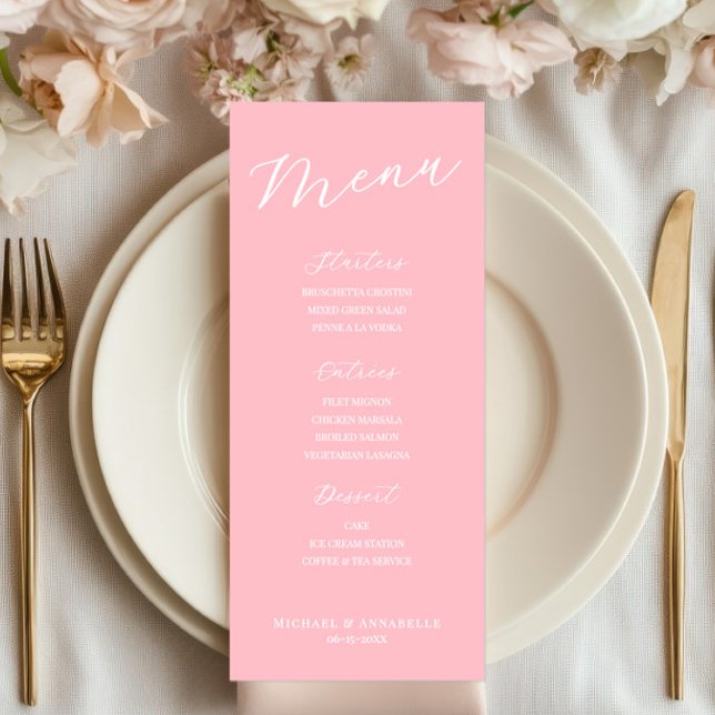 Enkel minimalistisk ljusrosa menykort för bröllop meny (pink menu sign, wedding menu, bridal shower, baptism decor, simple minimalist, elegant reception)