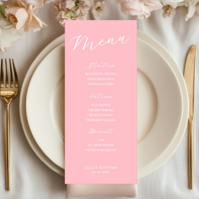 Enkel minimalistisk ljusrosa menykort  meny (pink menu sign, wedding menu, bridal shower, baptism decor, simple minimalist, elegant reception)