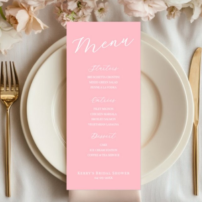 Enkel minimalistisk ljusrosa menykort  meny (pink menu sign, wedding menu, bridal shower, baptism decor, simple minimalist, elegant reception)