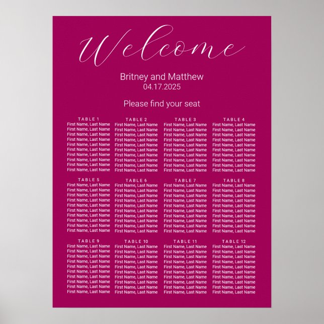 Enkel minimalistisk magenta bröllopsställningsplan poster (Framsidan)