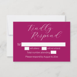 Enkel minimalistisk magenta skript bröllops-RSVP-k Tack Kort