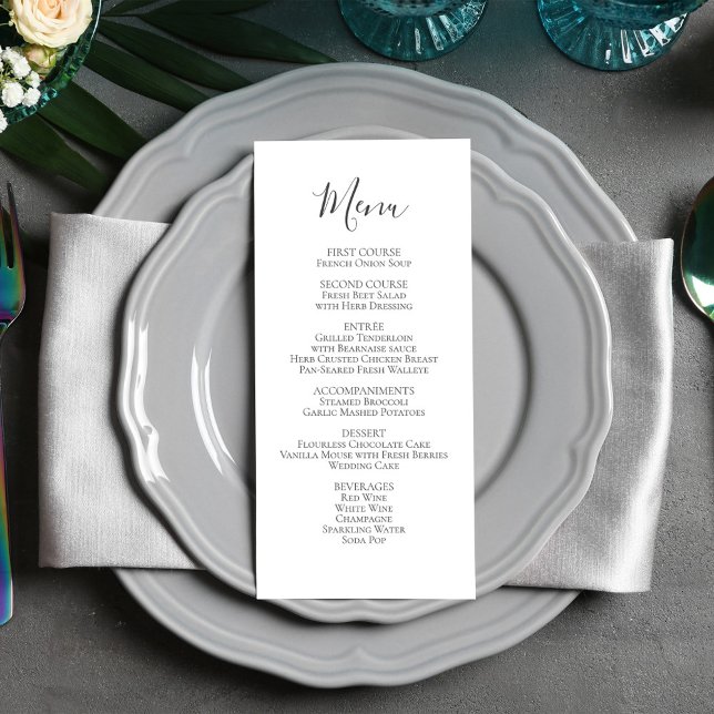 Enkel minimalistisk meny Bröllop (Wedding menu card with a simple black and white calligraphy script.)