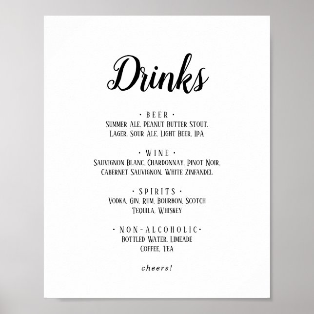 Enkel minimalistisk menysignatur för Bröllop Drink Poster (Framsidan)