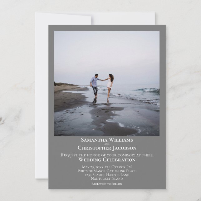 Enkel, minimalistisk modern Grått Photo Bröllop Inbjudningar (Framsida)