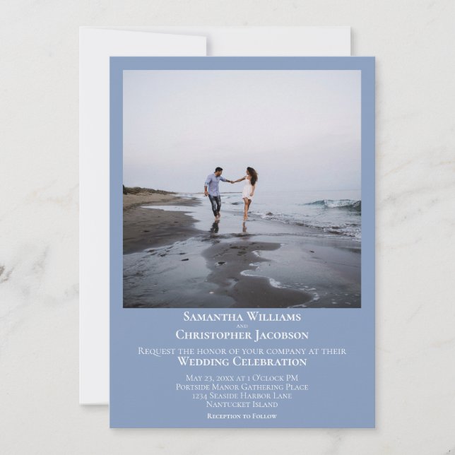 Enkel, minimalistisk, modern ljusblå foto Bröllop Inbjudningar (Framsida)