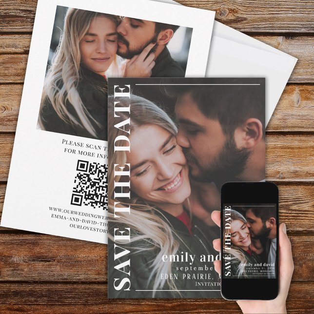 Enkel, minimalistisk, modern, två foto | QR-kod Spara Datumet (Modern style wedding save the dale photo card with a full bleed photo template. )