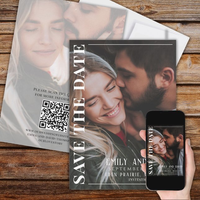 Enkel, minimalistisk, modern, två foto | QR-kod Spara Datumet (Double-sided save the date wedding photo card with a simple modern style. )