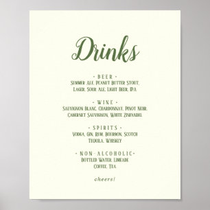 Enkel minimalistisk Mörk Sage Bröllop Drinks Menu Poster