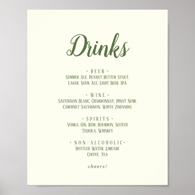 Enkel minimalistisk|Mörk Sage Bröllop Drinks Menu Poster (Framsidan)