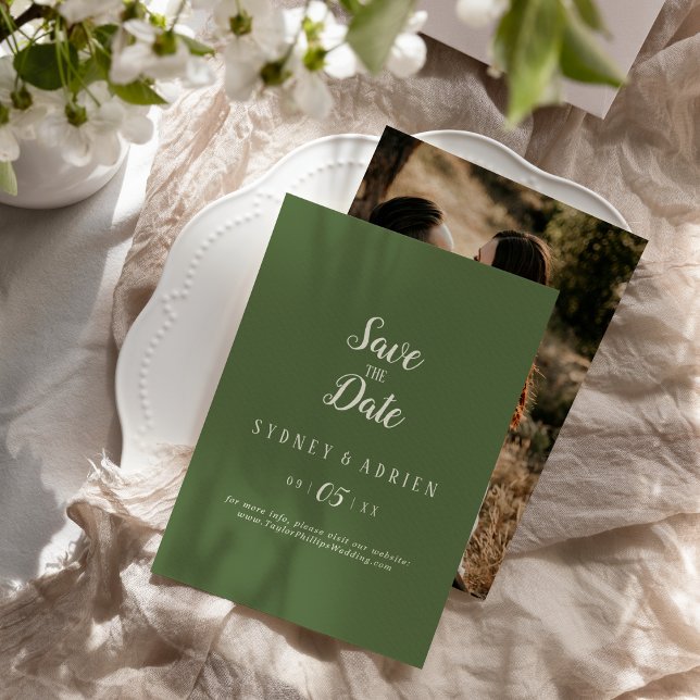 Enkel minimalistisk|Mörk Sage Photo Save Date Spara Datumet (Skapare uppladdad)