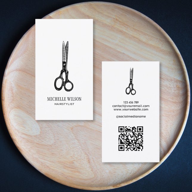 Enkel minimalistisk QR-kod för Hair Stylist-sax Visitkort (black doodle hand drawn scissors hair stylist logo)