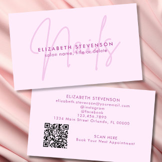 Enkel minimalistisk rosa script nagelkonstnär QR-k Visitkort