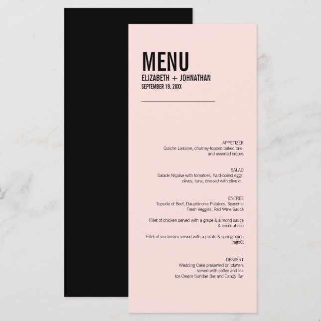 Enkel & Minimalistisk Rosa Typografi Bröllopsmeny  Meny (Fram/baksida)