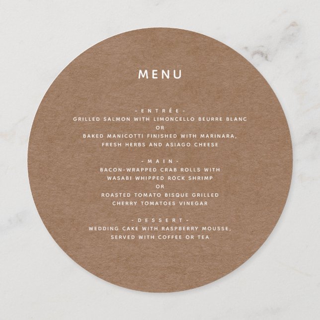 Enkel, minimalistisk Rustic Kraft Round Menu Meny (Baksida)