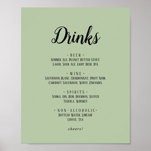 Enkel minimalistisk|Sage Bröllop Drinks Menu Poster (Framsidan)